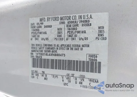 1999 Ford F-150 Lariat/Xl/Xlt z USA, uszkodzony, nr VIN 1FTRX18L6XNB80475